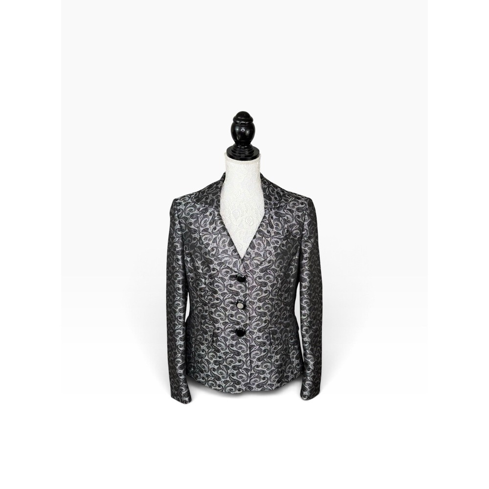 Le Suit Women's Black & Silver Jacquard Jacket/Blazer - Size 10 Lined EUC